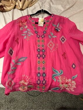 Johnny Was Hot Pink Embroidered V-Neck Tunic